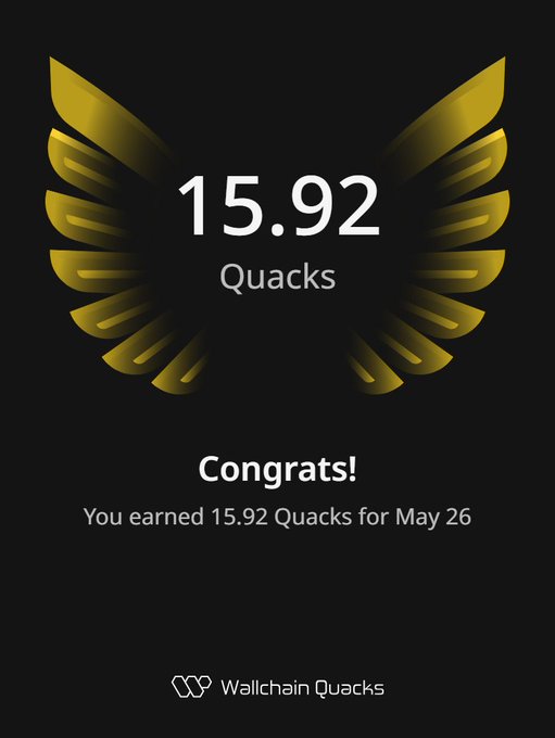 The image features a colorful graphic displaying an accomplishment, with yellow wings and black text that reads "congrats!". The background of the image is black, making it stand out prominently against the white elements.
In the accompanying caption, there are three words related to the achievement displayed in the image: "@wallchainQuacks" stands for the platform where this accomplishment was earned; "#quacks" represents the rank or position achieved within that platform; and "use my !" implies a call-to-action inviting users to join in celebrating the achievement.
These elements are combined into one single graphic, creating an interactive visual experience that draws viewers' attention to the listed accomplishments and highlights the importance of sharing them on social media platforms like @wallchainQuacks.