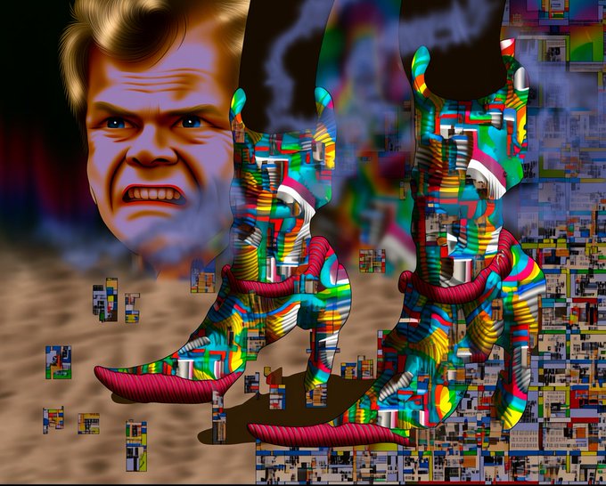 A surreal digital artwork featuring a stern man's face alongside two colorful, patterned cowboy boots standing on a sandy surface with glitching pixel effects.