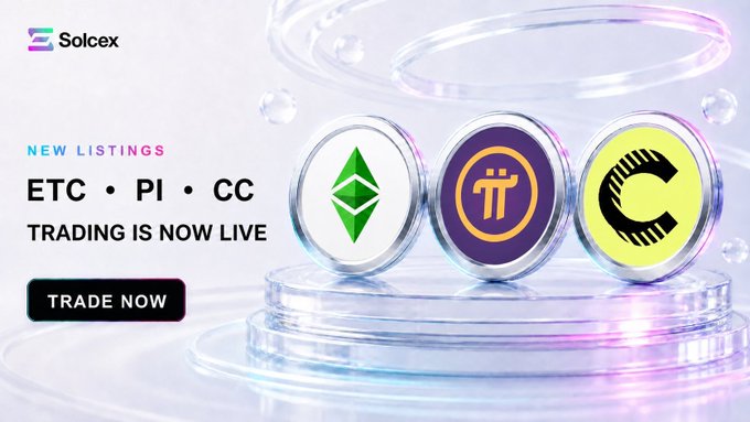 A promotional graphic from 'Solcex' announcing 'NEW LISTINGS' for 'ETC • PI • CC' stating 'TRADING IS NOW LIVE'. It displays 3D tokens for Ethereum Classic, Pi Network, and CC.
