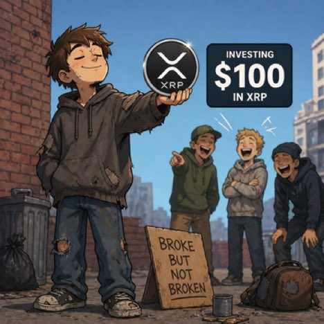 A cartoon illustration of a smiling young boy holding up an XRP coin with a tag reading 'INVESTING $100 IN XRP', standing next to a cardboard sign that says 'BROKE BUT NOT BROKEN' while others watch.