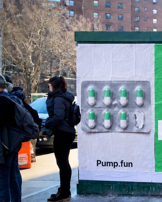 A city sidewalk advertisement displays rows of green-and-white capsule images above the text “Pump.fun,” with pedestrians standing nearby.