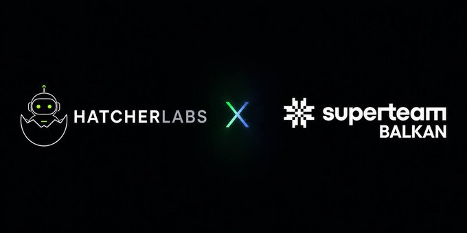 A black graphic showing the Hatche​rLabs logo paired with a teal-to-blue "X" next to the Sup​erteam Balkans logo, announcing HatcherLabs' grant-backed expansion to accelerate AI infrastructure on Solana.