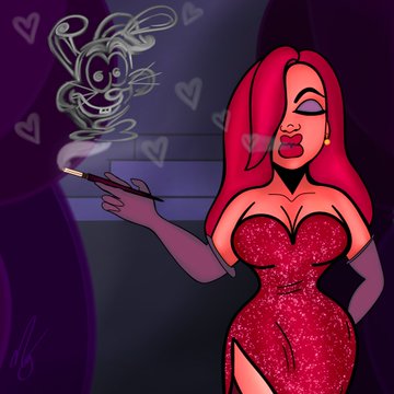 A cartoon illustration of a red-haired woman in a sparkling red dress holding a smoking cigarette, with a small demon figure formed from the smoke surrounded by heart shapes.