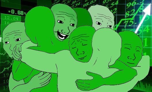 A group of green "Wojak" meme characters joyfully hug each other in front of a rising stock chart with an upward arrow. The image relates to the post "Good morning future crypto millionaires" by symbolizing celebration and optimism as crypto investors embrace the market's upward trend.