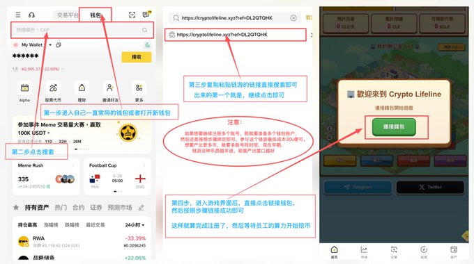 Chinese-language screenshots showing a step-by-step guide for connecting a Crypto Lifeline wallet application, including search results, a wallet link (https://cryptolifeline.xyz/?ref=OL2QTQHK), and a welcome screen with a green 'Connect Wallet' button.