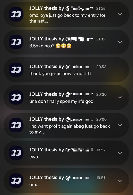 A screenshot of a Telegram chat showing multiple messages from "JOLLY thesis" expressing frustration and relief about a trade, with entries including "omo, oya just go back to my entry for the last..", "3.5m e pos? 😭😩😩", "thank you jesus now send itttt", "una don finally spoil my life god", "i no want profit again abeg just go back to my...", "ewo", and "omo". The conversation reflects the emotional rollercoaster of buying 3k of a coin that initially dropped 50%, followed by relief at finally selling for 2x profit, matching the accompanying post's narrative of loss and eventual recovery.
