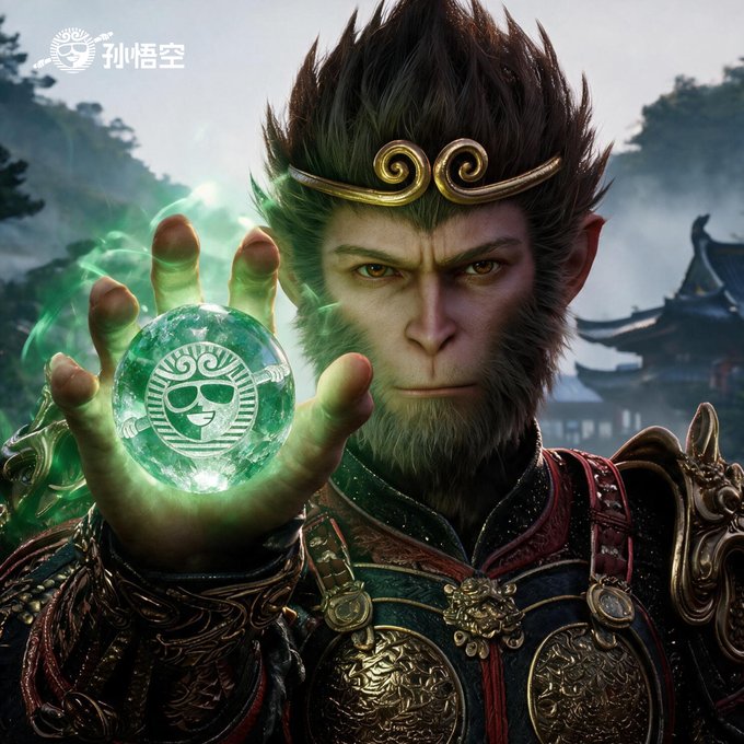 A cinematic digital artwork depicts Sun Wukong (孙悟空), the Monkey King, in ornate golden armor with a headband, holding up a glowing green orb containing an engraved monkey symbol amid swirling green energy, with traditional Chinese architecture in the misty background.