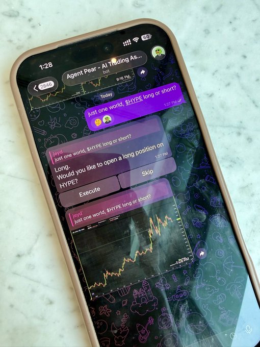 A smartphone screen showing a chat with an AI trading bot called 'Agent Pear,' discussing whether to open a long position on $HYPE, along with a stock chart.