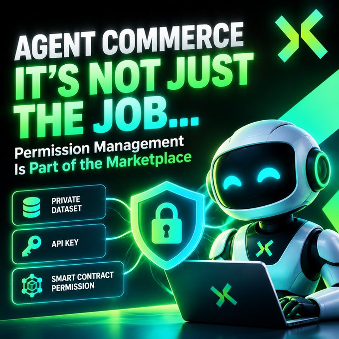 An advertisement reads 'AGENT COMMERCE IT'S NOT JUST THE JOB...' with a subtitle 'Permission Management Is Part of the Marketplace', showing a robot with a laptop next to icons for 'PRIVATE DATASET', 'API KEY', and 'SMART CONTRACT PERMISSION'.