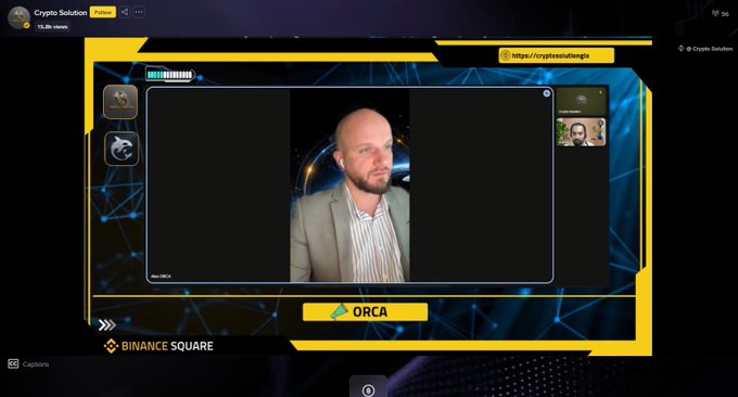 ORCA CEO Alex appears on a Binance Live AMA hosted by Crypto Solution, discussing the AI economy with 15.8K views, as indicated by the visible "ORCA," "BINANCE SQUARE," and "Crypto Solution" branding on the yellow and blue tech-themed stream layout.