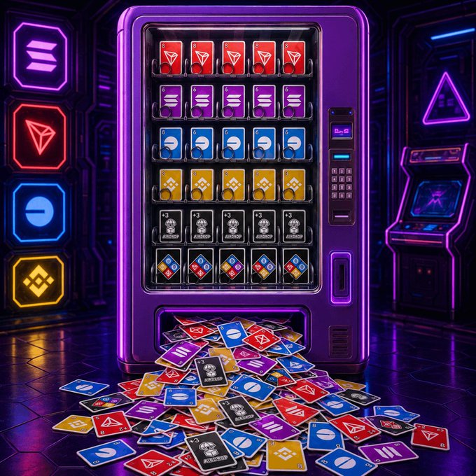A digital artwork of a futuristic neon-lit vending machine dispensing various cryptocurrency and brand collectible tokens/cards, including Tron, BNB, and 'HAZCOIN,' with a pile of scattered tokens at the base.