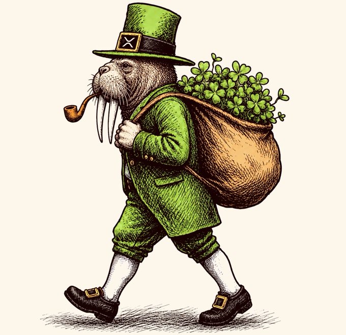 An illustrated walrus dressed as a leprechaun in a green top hat with an 'X' buckle, green coat and breeches, white stockings, and buckled shoes, smoking a pipe and carrying a sack overflowing with green clovers.