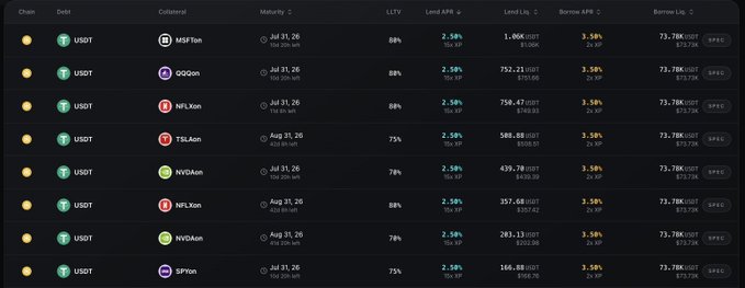 A DeFi lending dashboard listing borrow positions of USDT against collateral like MSFTon, QQQon, NFLXon, TSLAon, NVDAon, and SPYon, all at 58% LTV and 2.58% borrow APY.