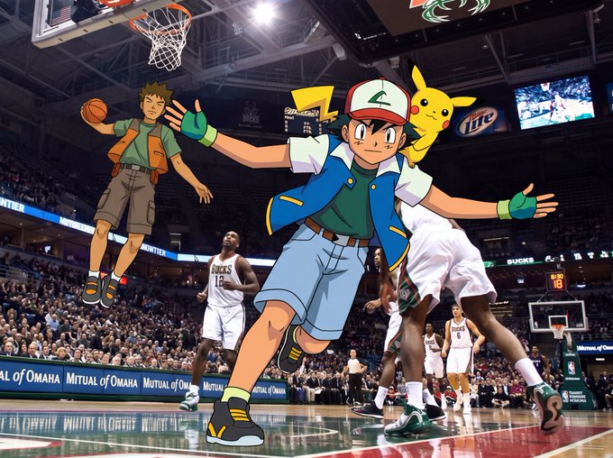 A surreal composite image places Ash Ketchum, Brock, and Pikachu from Pokémon onto a basketball court with real NBA players, including Milwaukee Bucks.