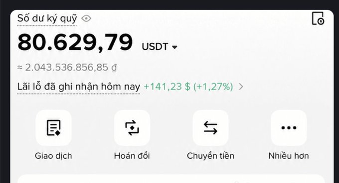 Vietnamese-language crypto wallet interface showing a balance of 80,629.79 USDT (≈2,043,536,856.85 đ) with today's profit of +$141.23 (+1.27%) and options for trading, swap, and transfer.