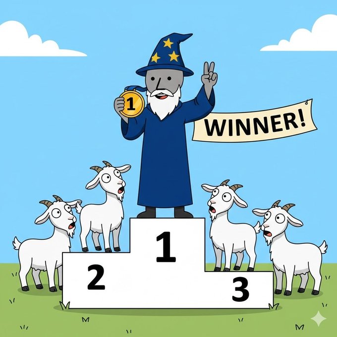 A cartoon wizard stands triumphantly atop a "1" podium, holding a first-place medal and flashing a peace sign, while four shocked goats surround him below a "WINNER!" banner. The image humorously portrays $LTC "doomcallers" as wrong-footed goats left in disbelief, while the wizard—symbolizing Litecoin—celebrates victory and defies their bearish predictions.