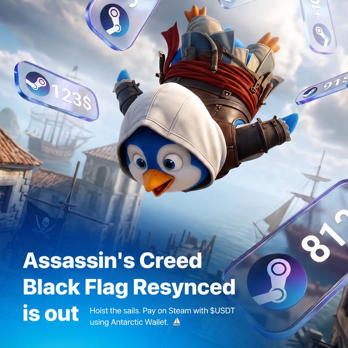 Promotional graphic for 'Assassin's Creed Black Flag Resynced' featuring a penguin character in a white hood, with text 'Hoist the sails. Pay on Steam with $USDT using Antarctic Wallet' alongside floating Steam icon tokens.