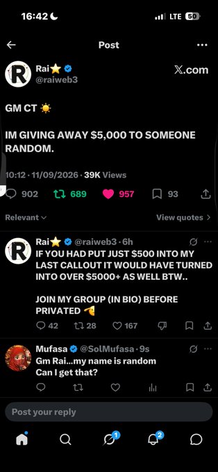 A screenshot of a Twitter/X post by 'Rai @raiweb3' that reads 'GM CT ☀️ IM GIVING AWAY $5,000 TO SOMEONE RANDOM,' along with a reply asking users to join his group before getting 'privated,' and a skeptical reply from 'Mufasa @SolMufasa.'