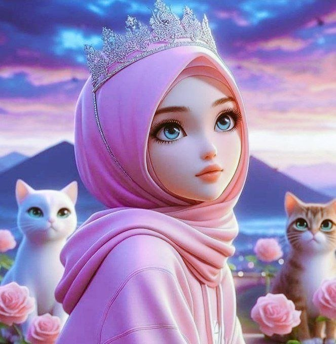 A young woman wearing a pink hijab and silver tiara is accompanied by two cats amid pink roses against a dreamy pastel sky. The image doesn't directly relate to the Web3 post about Nucleus, but its ethereal, fairy-tale aesthetic offers a whimsical visual contrast to the technical discussion about meaningful signals in Web3 analytics.