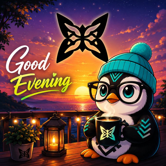 An AI-generated 'Good Evening' greeting image featuring a cute cartoon penguin in a teal beanie holding a mug, set against a vibrant sunset background with butterfly motifs.