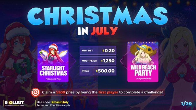 A promotional banner for Rollbit's "Christmas in July" event features two Pragmatic Play games—Starlight Christmas and Wild Beach Party—with details including a minimum bet of $0.20, a 1.250x multiplier, and a $500 prize for the first player to complete a Challenge, using promo code "XmasinJuly." The festive design showcases anime-style characters in holiday attire alongside a beach theme, visually tying together the winter and summer "Christmas in July" concept.