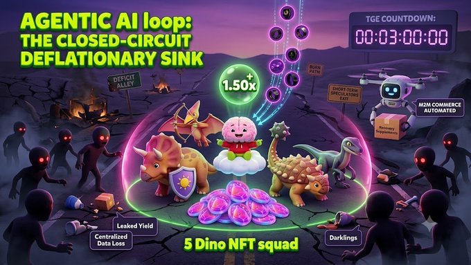 Promotional graphic titled 'AGENTIC AI loop: THE CLOSED-CIRCUIT DEFLATIONARY SINK' featuring a 5 Dino NFT squad protected by a pink dome, with a TGE countdown timer showing '00:03:00:00' and labels like 'Deficit Alley', 'Leaked Yield', and 'M2M Commerce Automated'.