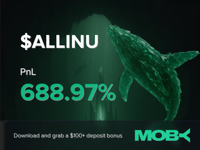 A promotional graphic from Moby Mobile announces a trader win alert for $ALLINU, featuring a dark green underwater scene with a crystalline whale breaching above a glowing cityscape. The image prominently displays a "PnL 688.97%" alongside a call-to-action to "Download and grab a $100+ deposit bonus" with the Moby logo.