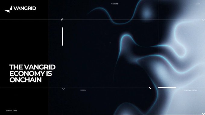 A black promotional graphic for VANGRID reads 'THE VANGRID ECONOMY IS ONCHAIN' with abstract blue wave designs.
