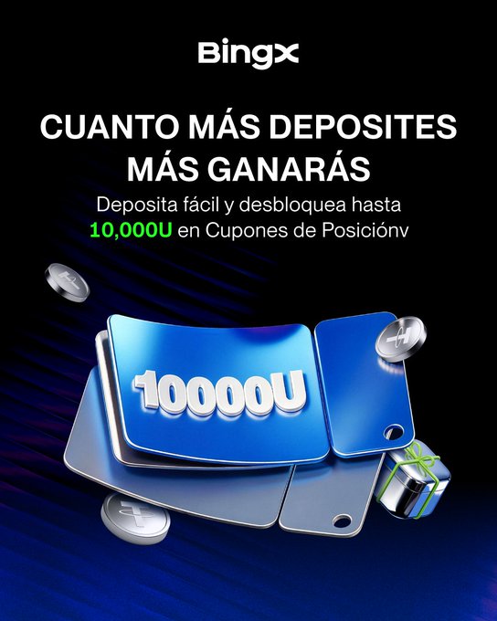 A Bingx advertisement in Spanish reading 'CUANTO MÁS DEPOSITES MÁS GANARÁS' (The more you deposit, the more you'll earn), promoting up to 10,000U in position coupons with a stylized blue 3D coupon graphic.