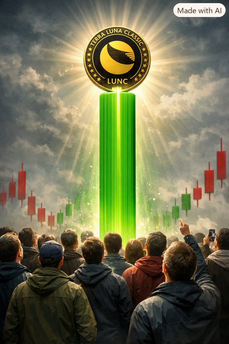 An AI-generated crowd faces a glowing green column of light beneath a “TERRA LUNA CLASSIC LUNC” emblem in the sky. A label in the upper-right reads “Made with AI.”