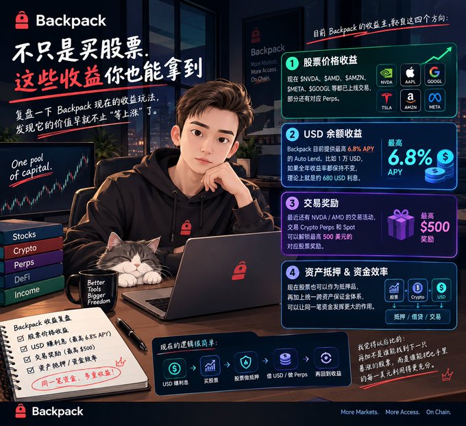 A promotional graphic for 'Backpack' explaining that '不只是买股票，这些收益你也能拿到' (It's not just about buying stocks, you can get these returns too), detailing four benefits: stock price returns on tickers like NVDA, AAPL, GOOGL, TSLA, AMZN, and META; up to 6.8% APY USD Lend rewards; up to $500 Crypto Perps and Spot trading rewards; and asset collateral/mortgage services.