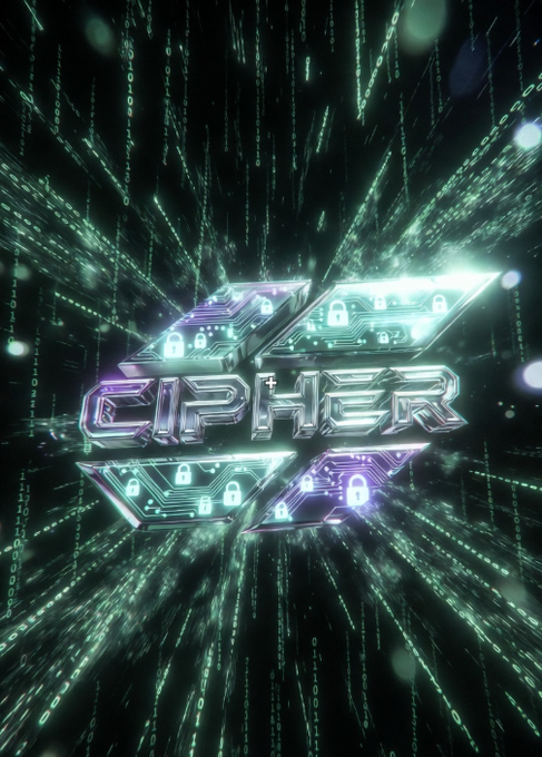 A digital graphic displays the word 'CIPHER' in a futuristic metallic logo with padlock icons, set against a dark background with green matrix-style code streaming outward in a burst pattern.