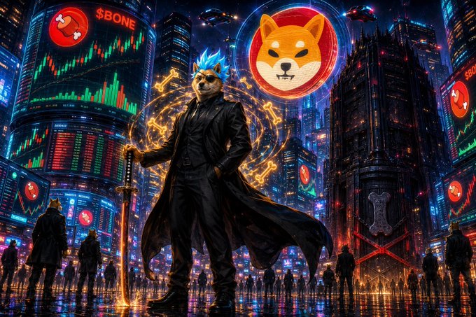 A futuristic cyberpunk illustration of a Shiba Inu character with blue glowing hair in a black trench coat holding a sword, standing before a neon cityscape displaying '$BONE' charts and a large Shiba Inu logo.