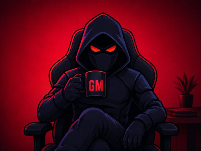 A digital illustration of a hooded ninja-like figure with glowing red eyes sitting in a gaming chair and holding a red mug labeled 'GM'.