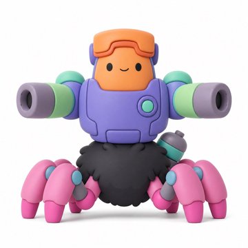A 3D rendered toy figure of a character with an orange head, purple body, green accents, pink crab-like legs, and a fluffy black midsection.