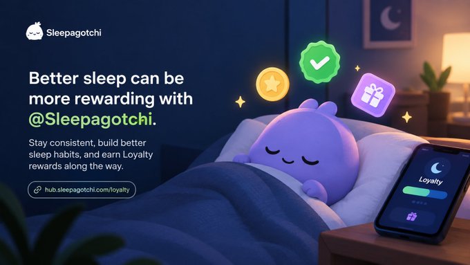 Promotional banner for Sleepagotchi featuring a purple mascot sleeping in bed, with text reading 'Better sleep can be more rewarding with @Sleepagotchi. Stay consistent, build better sleep habits, and earn Loyalty rewards along the way.'