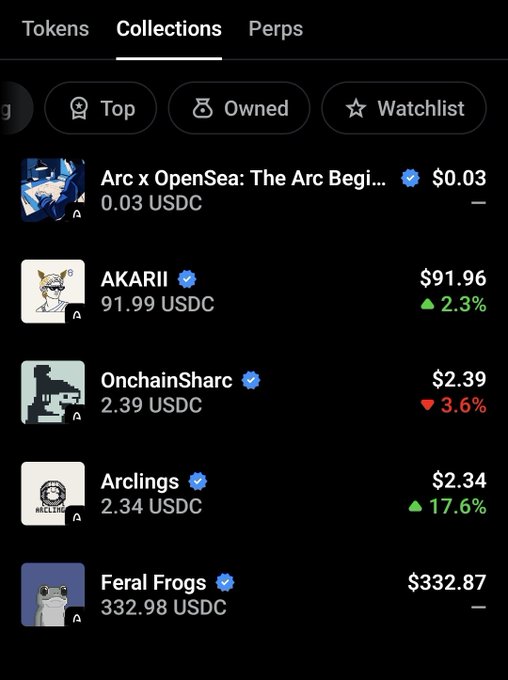 A dark-mode marketplace interface showing a 'Collections' tab with a list of NFTs including 'Arc x OpenSea: The Arc Begi...', 'AKARII' ($91.96), 'OnchainSharc', 'Arclings', and 'Feral Frogs' ($332.87), complete with price changes and USDC values.