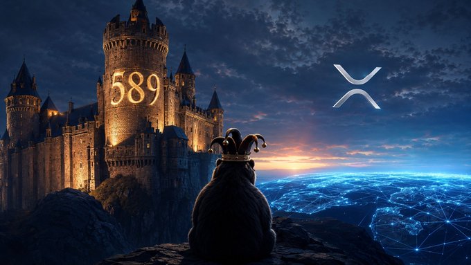 A silhouette of a jester-hatted cat sits before a glowing castle etched with "589" alongside the XRP logo over a digital network horizon—visually embodying the legendary 2018 XRP price prediction by anonymous puzzle creator "Bearableguy123."