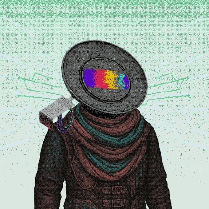 A pixelated digital illustration of a figure in a wide-brimmed hat and scarf with a colorful, static-filled oval obscuring the face, set against a green dotted background.