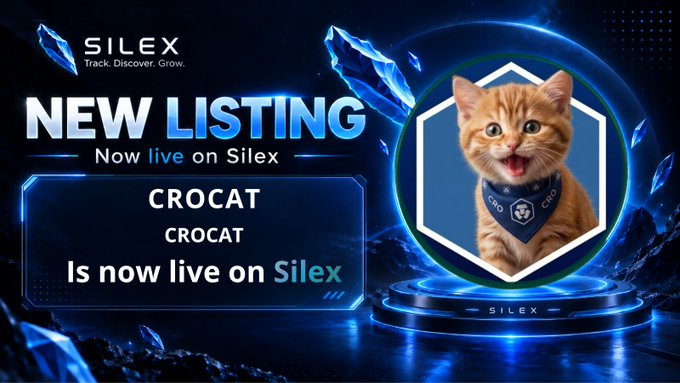 Promotional banner for Silex exchange announcing "NEW LISTING" of "CROCAT" token, featuring a kitten wearing a CRO bandana in a glowing blue hexagon frame.