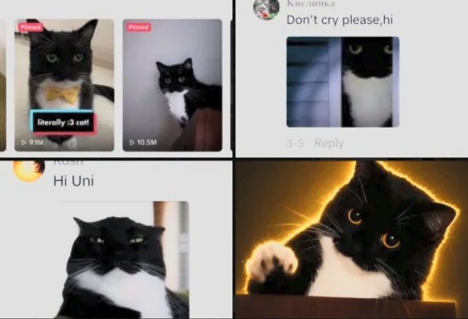 A four-panel collage showcases the viral TikTok cat "Uni" in various clips with view counts of 9.9M and 10.5M, alongside fan comments reading "Don't cry please, hi" and "Hi Uni," highlighting the feline internet sensation behind the $UNI token that has amassed over 200 million views.