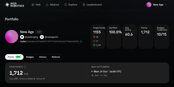 A screenshot of an Axis Robotics portfolio dashboard for a user named 'New Age,' displaying stats like 1155 Trajectories, 100.0% Verified, a 60.6 Avg Score, and 1,712 Points.