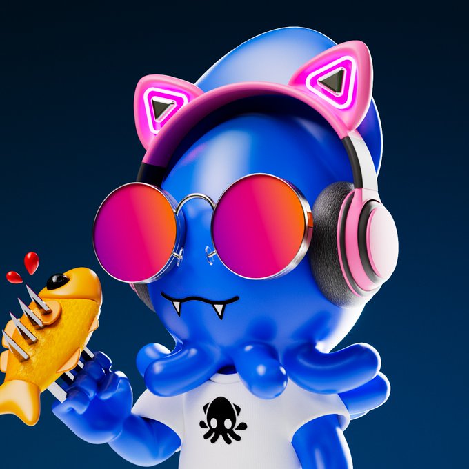 A 3D-rendered blue octopus character wearing pink cat-ear headphones, round pink sunglasses, and a white shirt with a black skull logo, holding a plush fish toy with hearts above it.
