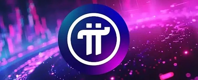 A promotional graphic featuring the Pi cryptocurrency logo on a circular emblem against a vibrant purple and pink cosmic background.
