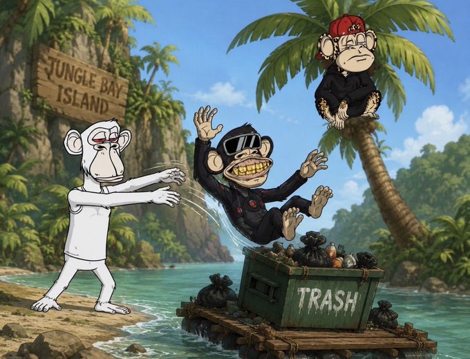 The image features three cartoon monkeys, each wearing sunglasses and holding onto a trash can as they float down a river. The background includes palm trees and a sign that reads " Jungle Bay Island", suggesting this scene takes place in a tropical location. The monkeys appear to be enjoying their time on the raft, possibly playing or exploring the area around them.