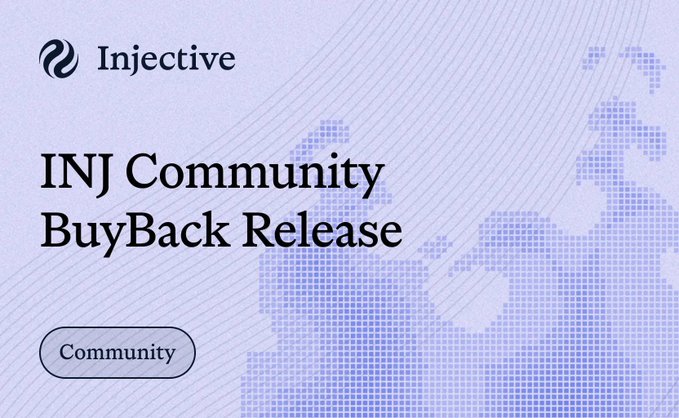 A graphic with the Injective logo announcing an "INJ Community BuyBack Release," featuring a dotted world map background and a "Community" tag.