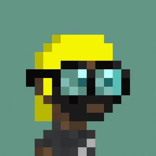 A pixel art character with yellow hair and sunglasses rendered in a retro 8-bit style against a teal background.
