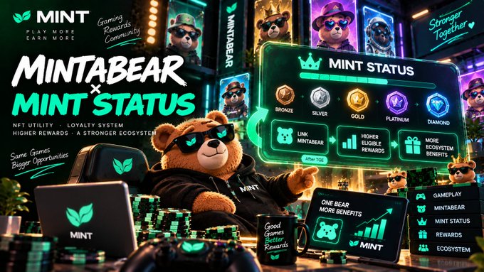 A promotional graphic for 'MINTABEAR x MINT STATUS' featuring a bear character with sunglasses and a hoodie, surrounded by UI elements showing loyalty tiers (Bronze, Silver, Gold, Platinum, Diamond) and rewards in a neon-lit cyberpunk style.