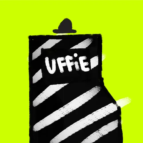 A stylized black and white striped perfume bottle labeled 'UFFIE' against a bright yellow-green background.