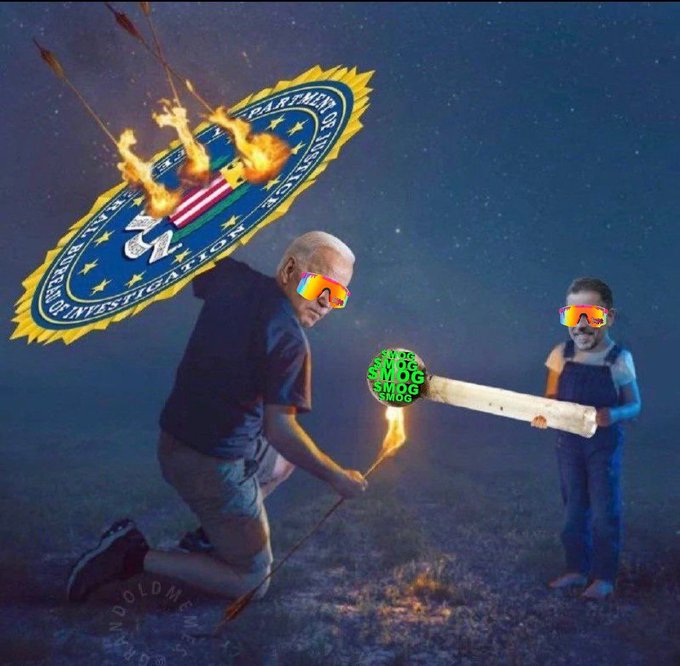The image features an adult male wearing sunglasses holding a lit match, with a child standing next to him. The background of the image shows a dark sky filled with stars. The caption for the image reads "Hello @mogcoin I believe a formal correction needs to be made to this early 2023 mog meme. plz see mr biden’s feedback."
